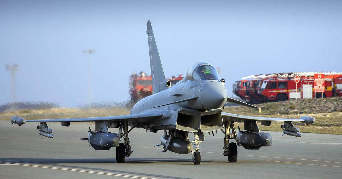 Armed with two Storm Shadows, a Typhoon operates from RAF Akrotiri on Cyprus, where the type is deployed for operations with 903 Expeditionary Air Wing. The weapon has previously been used in the fight against Daesh by the Tornado, and in its similar Scalp EG form by French Mirage 2000Ds and Rafales flying from Jordan. (Photo: Crown Copyright/PJHQ)