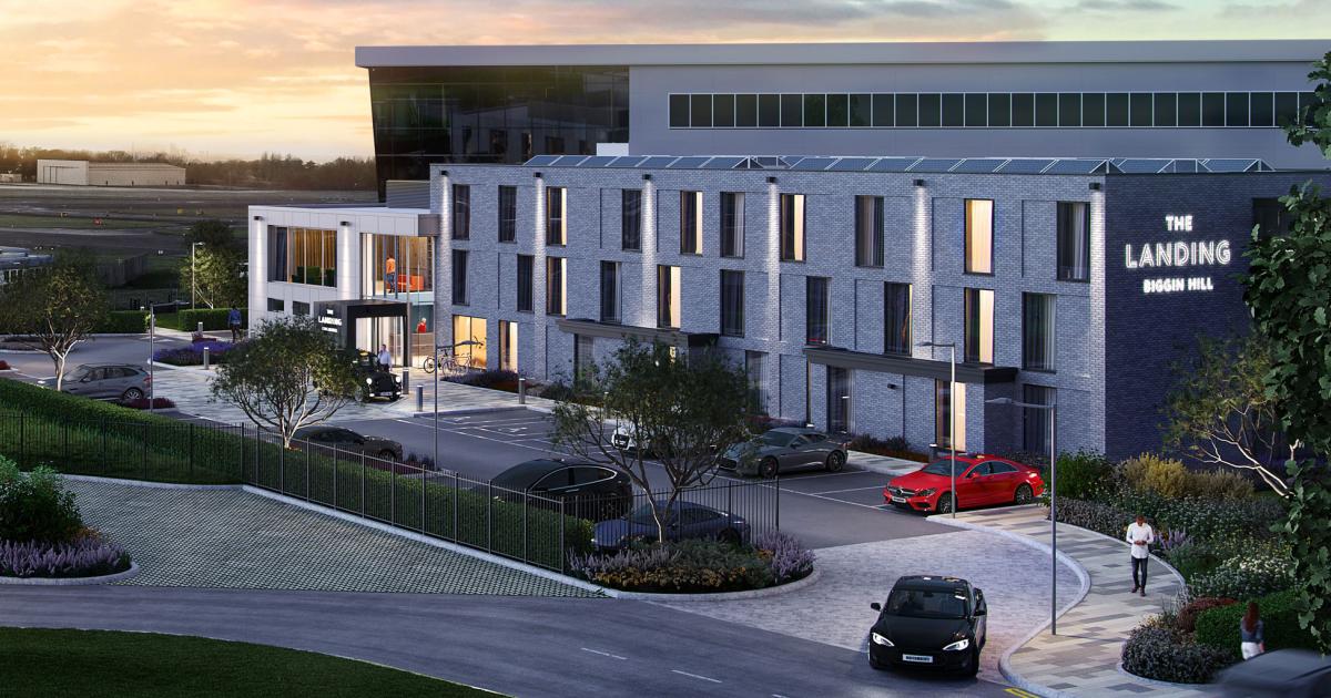 This artist's rendering shows The Landing, the planned onsite 56-room boutique hotel, which is being constructed at London Biggin Hill Airport. It is scheduled to open in 2022.