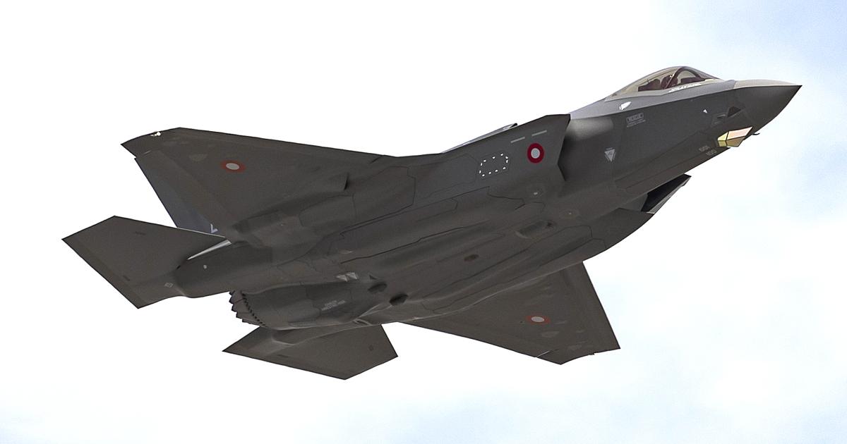 Denmark’s first F-35A flies from NAS JRB Fort Worth on March 8. The aircraft carries Danish national insignia in full color. (Photo: Lockheed Martin)
