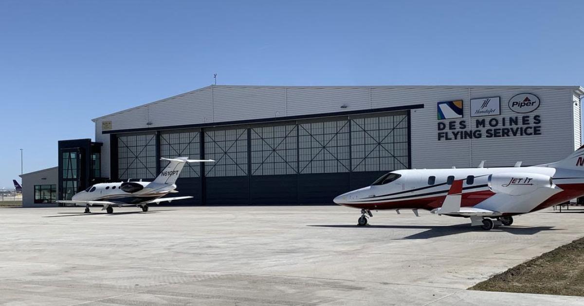 With development plans at Des Moines International Airport requiring long-time tenant Des Moines Flying Service to relocate from the northeast corner of the airport, the 82-year-old company is now operating from a newly-built facility on the south side of the field. (Photo: DMFS)