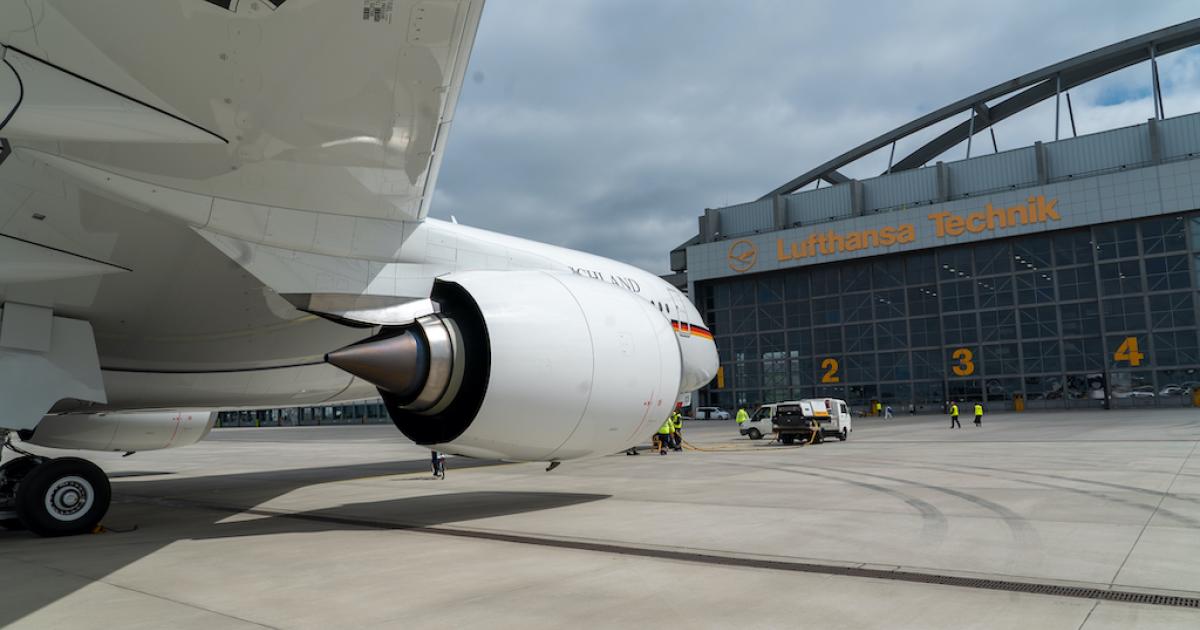 The first German Air Force Airbus A350 arrives at Lufthansa Technik's Hamburg facilities in May 2020 for cabin outfitting. (Photo: Kai Hager for Lufthansa Technik)