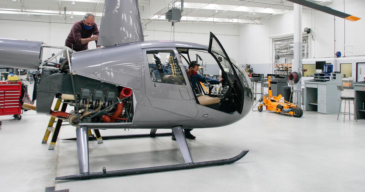 As part of its Covid protection program, Robinson Helicopter instituted a mandatory mask-wearing protocol, and established small "pods" of workers in an effort to curtail any possible spread of Covid through its approximately 600,000-sq-ft manufacturing facility in Torrance, California. (Photo: Loretta Conley/Robinson Helicopter)