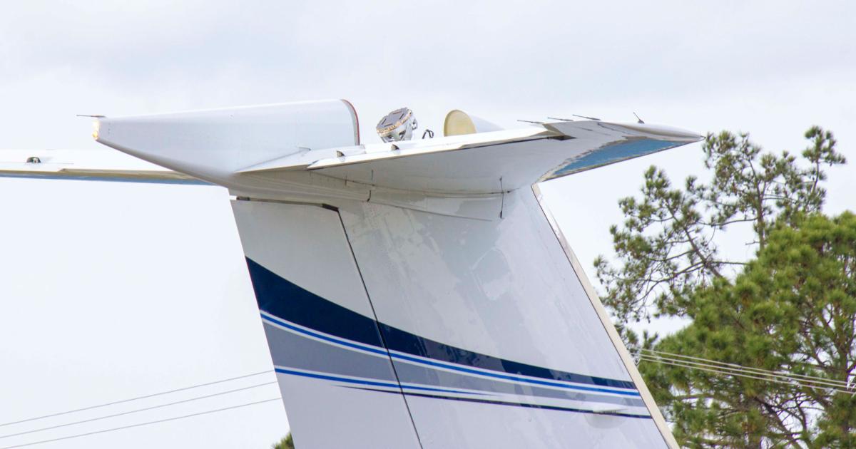 Satcom Direct's new Plane Simple tail-mounted Ku-band antenna has entered inflight testing on the company's Gulfstream G350 test aircraft. It is expected to enter the market by the end of the second quarter of the year. (Photo: Satcom Direct)