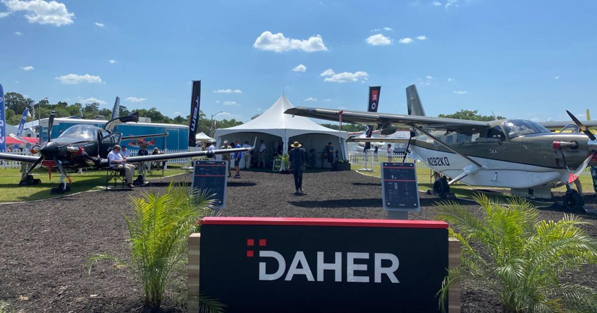 Daher displayed a TBM 940 and Kodiak 100 Series II at the 2021 Sun 'n Fun Aerospace Expo in Lakeland, Florida. The airshow also marked the first time that Daher displayed a TBM and a Kodiak side-by-side at one exhibit since the company acquired Sandpoint, Idaho-based Quest Aircraft, which developed and manufactured the Kodiak utility turboprop single. (Photo: Chad Trautvetter/AIN)