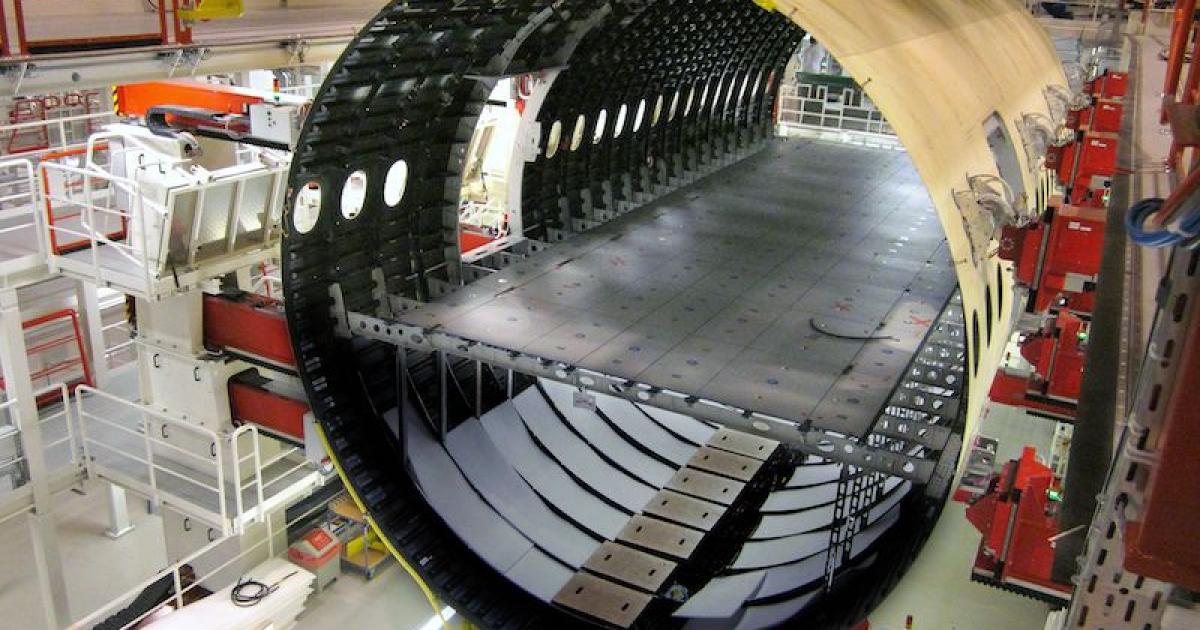 Premium Aerotec assembles the forward fuselage section for the A350 XWB in Nordenham, Germany. (Photo: Airbus)
