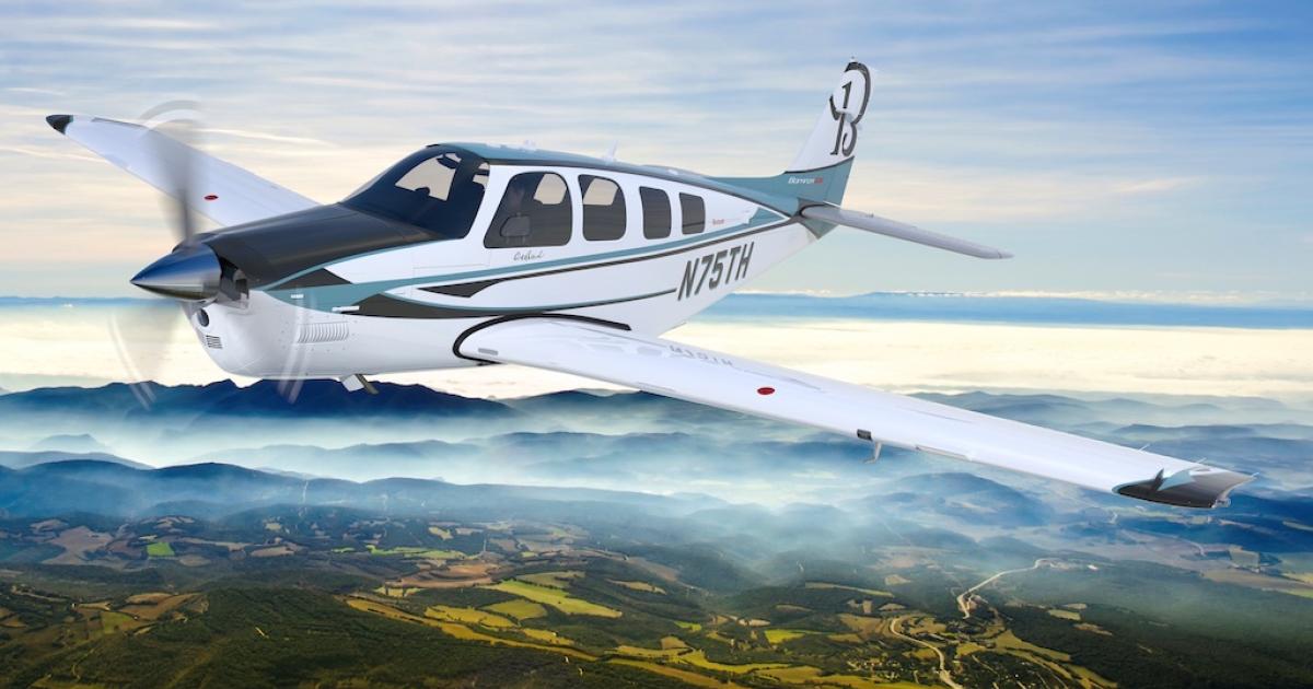 The 75th-anniversary optional package for the Beechcraft Bonanza G36 features a livery accented by "Mrs. Beech Blue." (Image: Textron Aviation)
