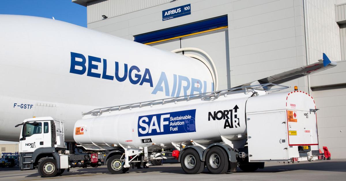 Airbus's North Wales facility, which uses the airframer's Beluga fleet to transport aircraft wings to Toulouse, Hamburg, and Bremen, becomes the second of the airframer's sites to use Air bp-supplied SAF, after Hamburg introduced the fuel to its cargo activities at the end of 2019. The Belugas operating from the location will initially be loaded with a 35 percent SAF blend, which would reduce CO2 emissions by more than 400 tonnes over the next three months. (Photo: Airbus)