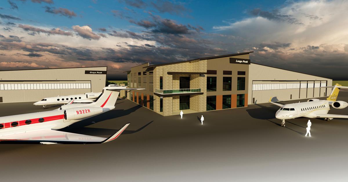 This artist's rendering shows two of the planned eventual four hangars, each named after a nearby mountain, that will comprise the Discover Air complex at Northern Colorado Regional Airport. The first, Torrey'ds Peak is expected to open by the end of the year. (Image: Business Aviation Group)