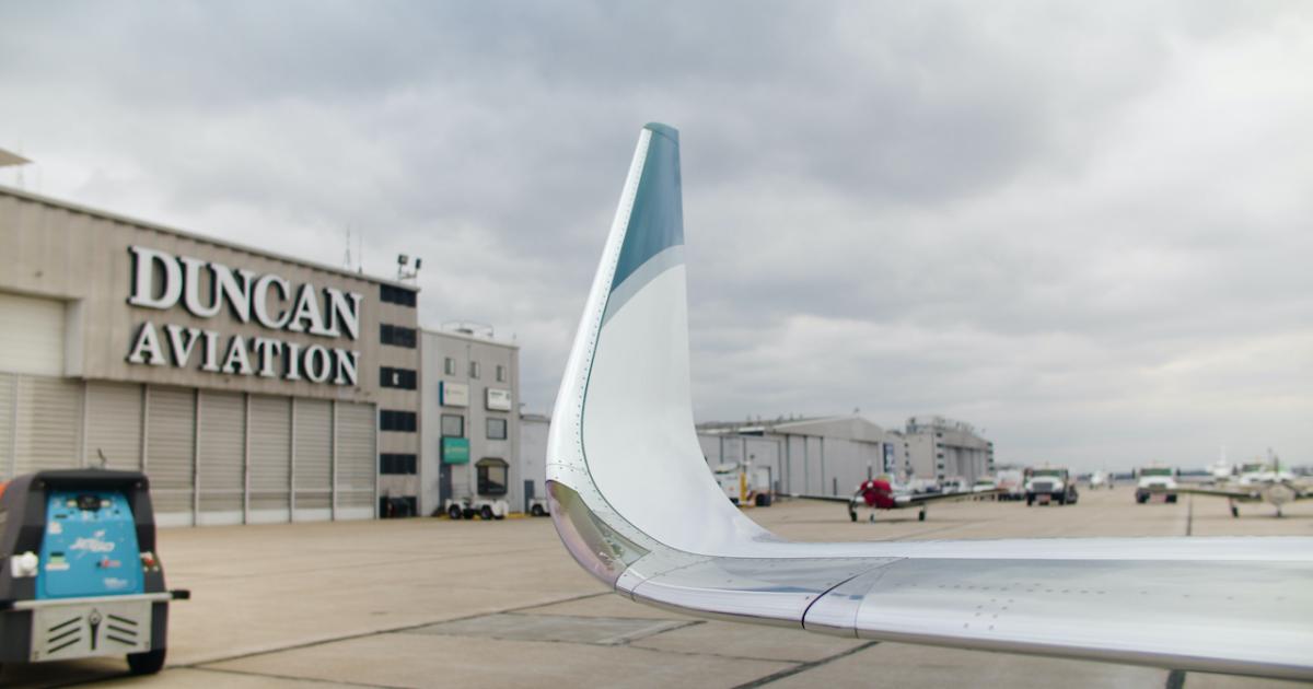 Duncan Aviation is Aviation Partners' longest-standing and most prolific authorized installation partner for blended winglets on Dassault Falcon jets. (Photo: Duncan Aviation)