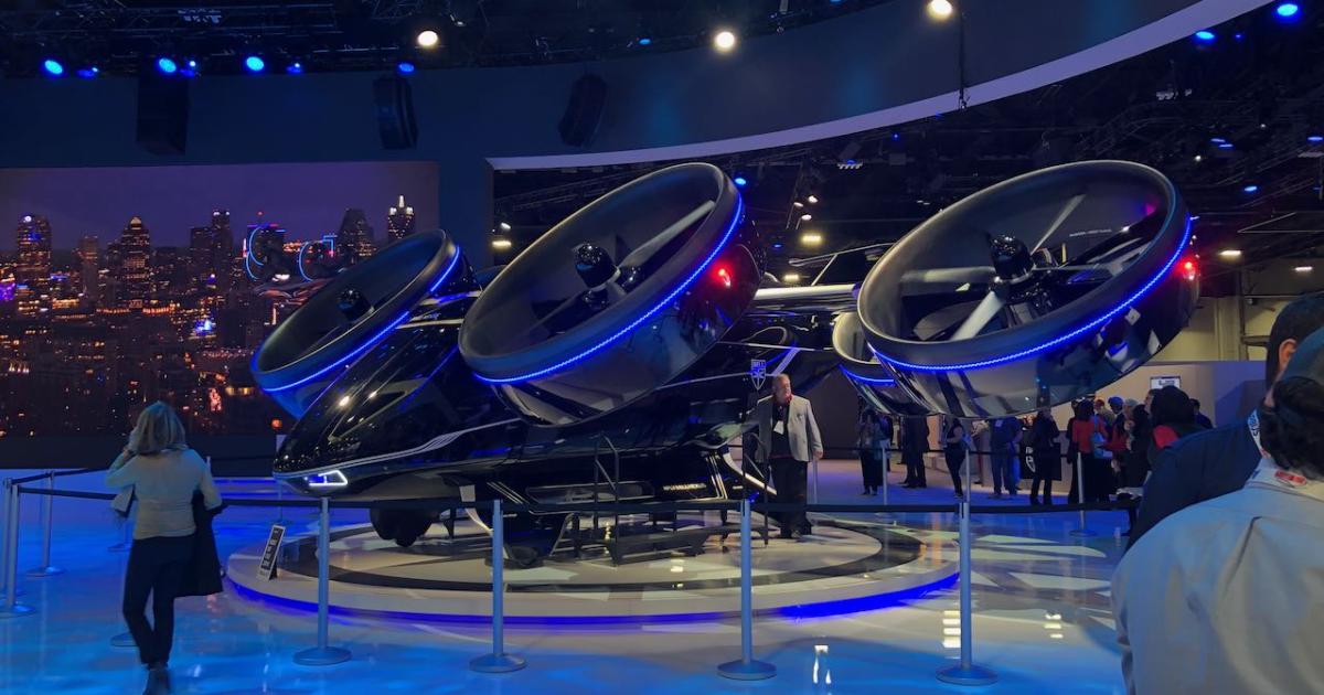 Wheels Up and Bell are collaborating to bring urban air mobility (UAM) operations to fruition. Under the partnership, Wheels Up would likely use Bell 429 helicopters in the short term and the Nexus eVTOL (pictured) in the longer term to provide intra-city VTOL lift using existing helipads and airports. Service is expected to start in 2021. (Photo: Chad Trautvetter/AIN)