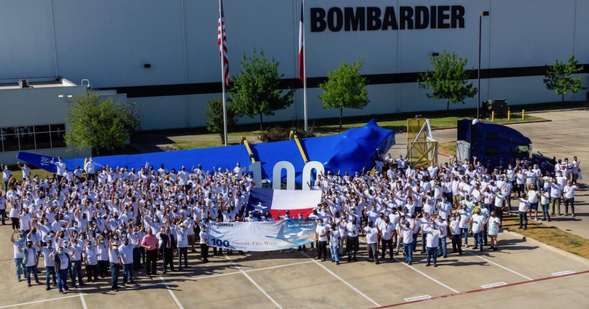 Employees at Bombardier's Red Oak, Texas facility celebrate the 100th wing produced for the Global 7500. (Photo: Bombardier)