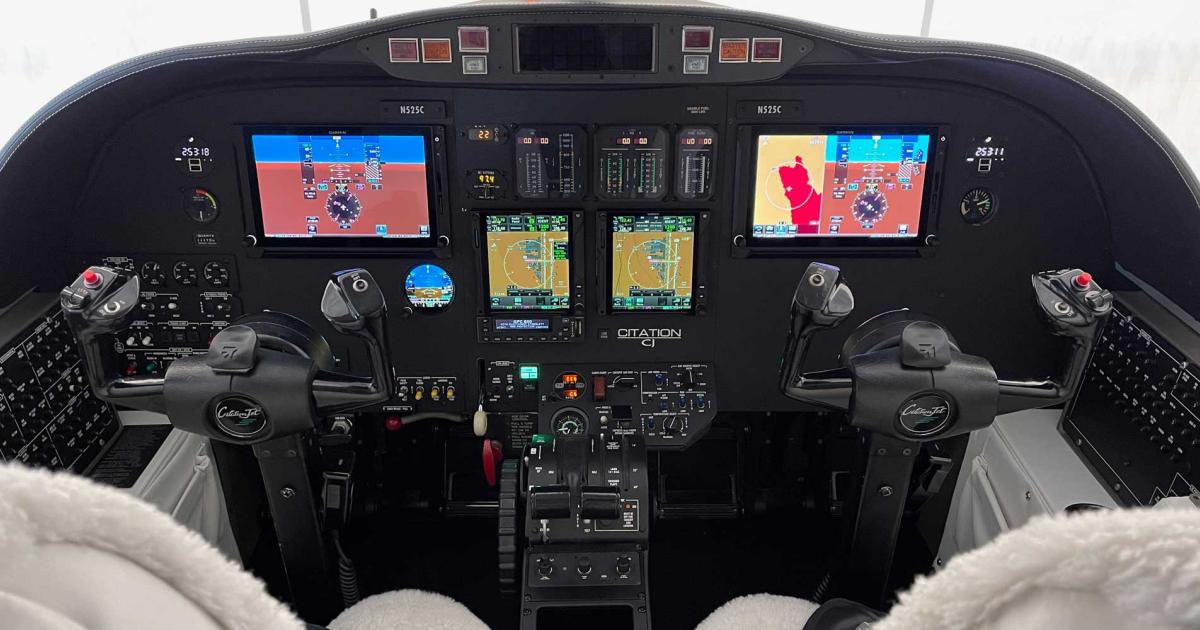 JetTech's CitationJet 525 avionics upgrade replaces the original avionics with modern Garmin touchscreen TXi displays, GTN650/750 navigators, the GI 275 electronic display as standby, and the GFC600 autopilot. 