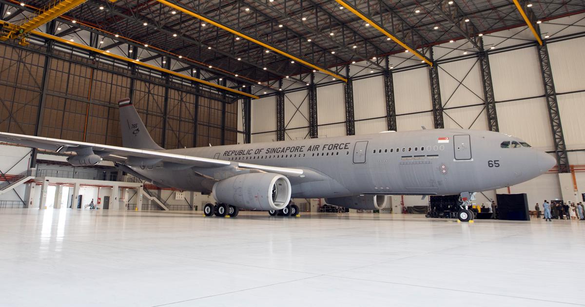 An RSAF A330 MRTT is seen its hangar, Singapore's first net energy-positive military building.