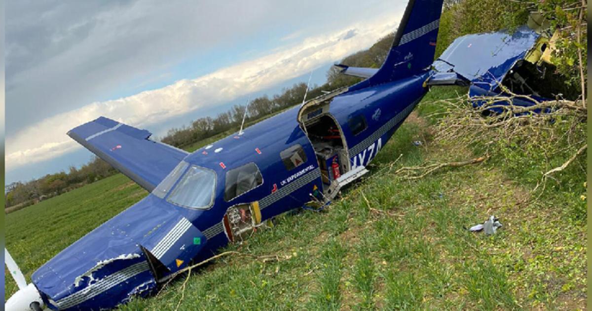 A Piper Malibu Mirage aircraft being used as a flying testbed for ZeroAvia's hydrogen propulsion system made an unplanned landing in a field near Cranfield Airport on April 29. (Photo: Cranfield Fire Department)