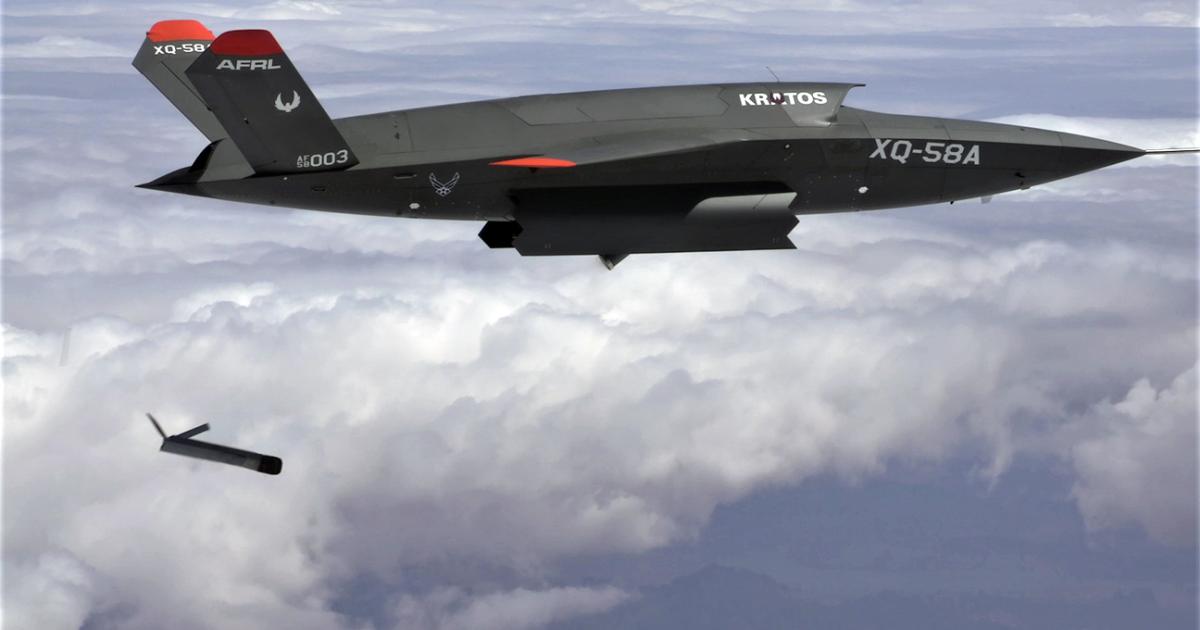 The Area-I Altius-600 small UAS falls from the XQ-58A’s internal weapons bay. (Photo: via AFRL)