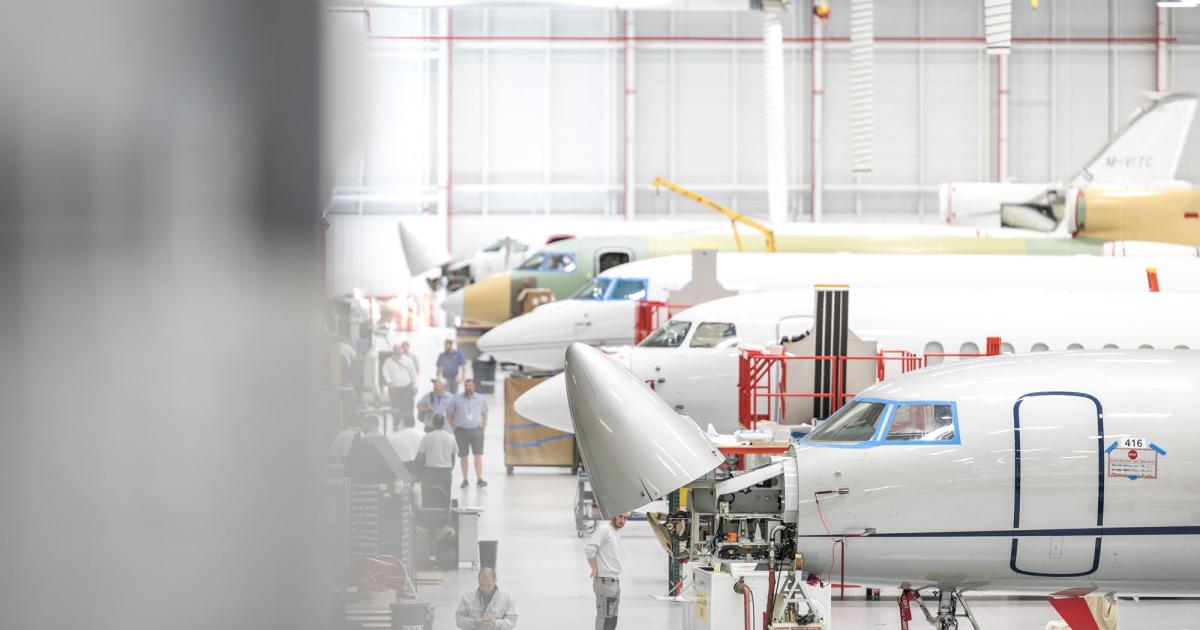 Collins Aerospace expects business aircraft production rates to bounce back to pre-Covid 2019 levels by 2022. This is good news for aircraft manufacturers such as Dassault Aviation, whose Falcon 8X production line is shown here. (Photo: Dassault Aviation)