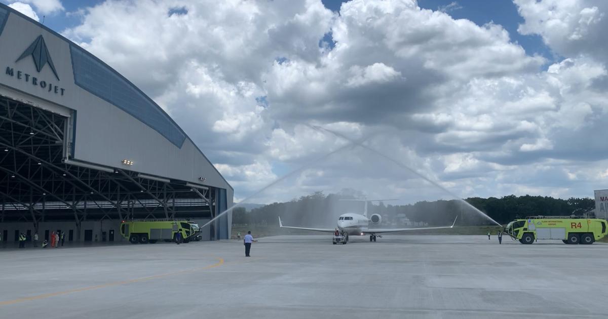 Officials at Clark International Airport inaugurated Metrojet Engineering Clark's new maintenance hangar with a water cannon salute of a Gulfstream G650, the first aircraft to enter its 7,100-sq-m hangar. (Photo: Metrojet)