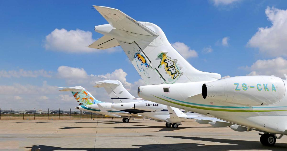 The Fireblade fleet of Bombardier Challenger 350s and (left) a Bombardier Global 6500. (Photo: Fireblade Aviation)
