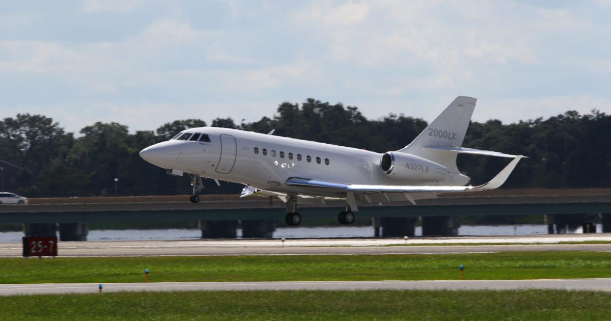 A Dassault Falcon 2000LX lands Florida's Orlando Executive Airport. Year-to-date business aviation traffic in Florida is up 22 percent over pre-pandemic levels in 2019. (Photo: David McIntosh/AIN)