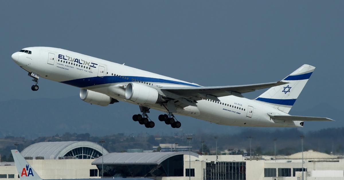 An El Al Boeing 777-200 takes off from Los Angeles International Airport in October 2021. El Al flights continue to land and depart at Tel Aviv Ben Gurion Aiport while most other international carriers have suspended service due to the ongoing conflict between Israel and Hamas. (Photo: Flickr: <a href="http://creativecommons.org/licenses/by-sa/2.0/" target="_blank">Creative Commons (BY-SA)</a> by <a href="http://flickr.com/people/bribri" target="_blank">BriYYZ</a>)