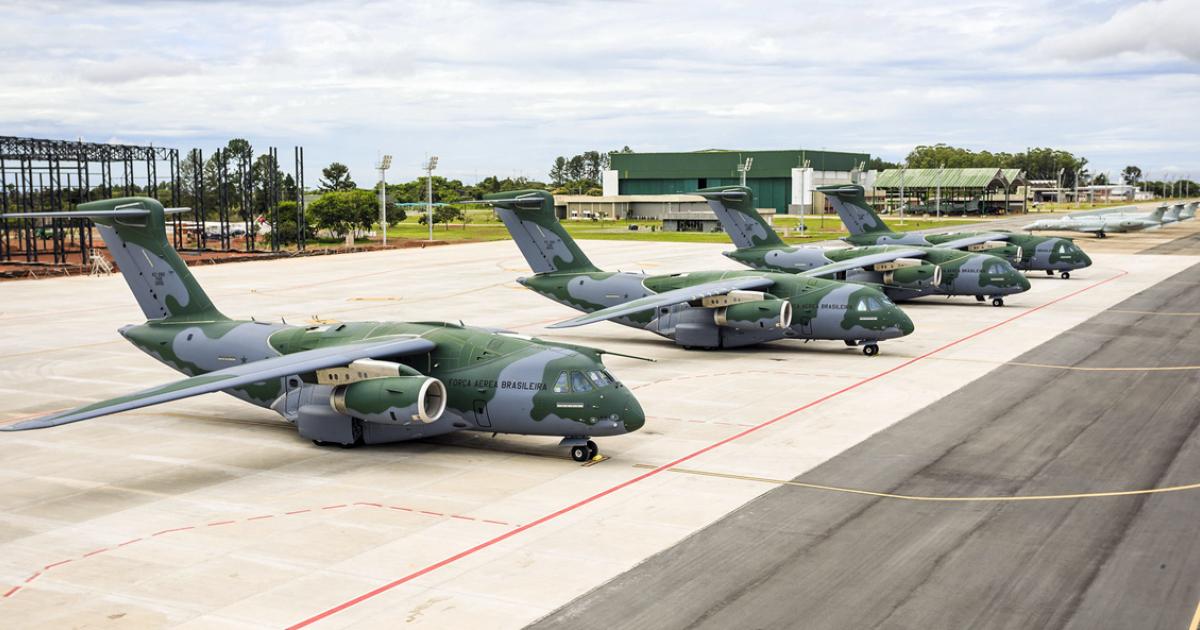 The FAB’s four KC-390s delivered to date rest between missions on the Ala 2 ramp at Anápolis. (Photo: Sgt Bianca/FAB)