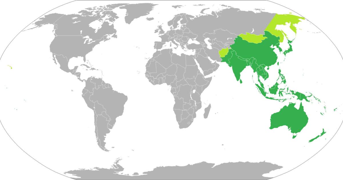Countries and territories generally included in the Asia-Pacific region are in dark green and countries and territories included in some definitions but not all are in light green.