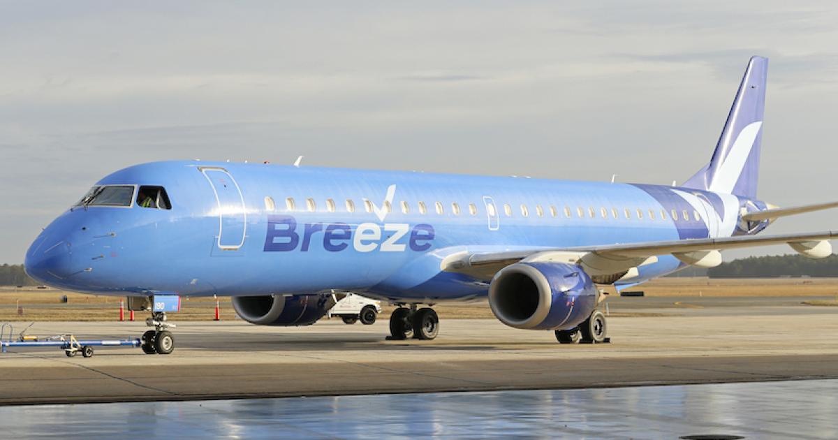 Breeze plans to fly ten 108-seat Embraer E190s on routes that take less than two hours flying time. (Photo: Breeze Airways)