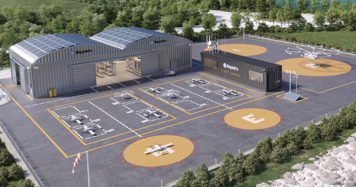 An artist's rendering shows the planned vertiport that is slated to be built adjacent to Ireland's Shannon Airport. Designed and built by UK-based Skyports, the facility is expected to act as a launch pad for the country's advanced air mobility market.