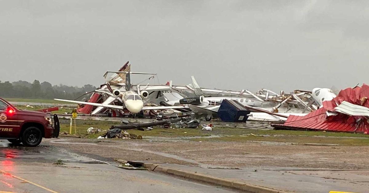 Tornado damage in Monroe, Louisiana, caused extensive damage to aircraft, part of the reason insurance rates have climbed.