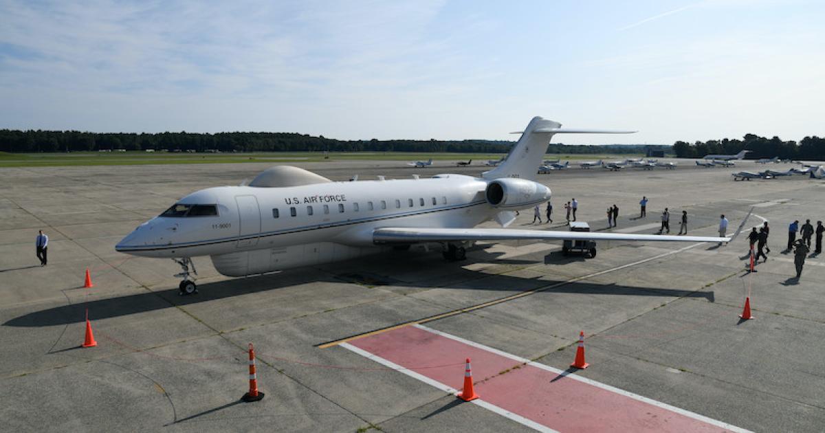 A Battlefield Airborne Communications Node-equipped E-11A aircraft rolls out on the flight line at Hanscom Air Force Base in Massachusetts in July 2018. On June 1, the BACN program office at that base awarded a $464.8 million contract to Learjet, Inc., a Wichita, Kansas subsidiary of Bombardier's specialized aircraft division, for six Bombardier Global 6000 aircraft. (Photo: U.S. Air Force/Mark Herlihy)