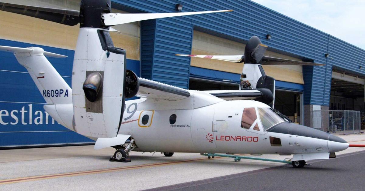 Leonardo continues to rack up flight test hours in its AW609 prototypes, with P3 seen here at the company's facility in Philadelphia. P5, the first production-conforming model, is currently under assembly at this facility and is planned to fly later this year. (Photo: Ian Whelan/AIN)