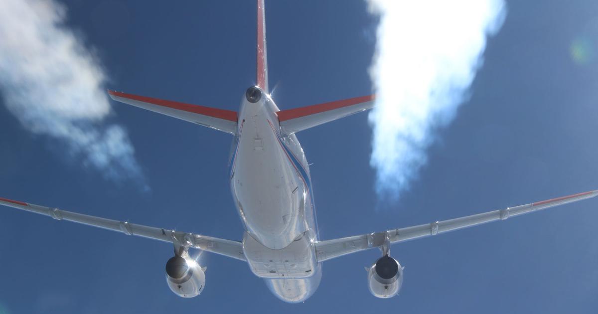 Using a 50/50 sustainable fuel blend can reduce contrail formation at cruise altitudes by 50 to 70 percent, according to in-flight research conducted by NASA and Germany's DLR. (Photo: NASA)