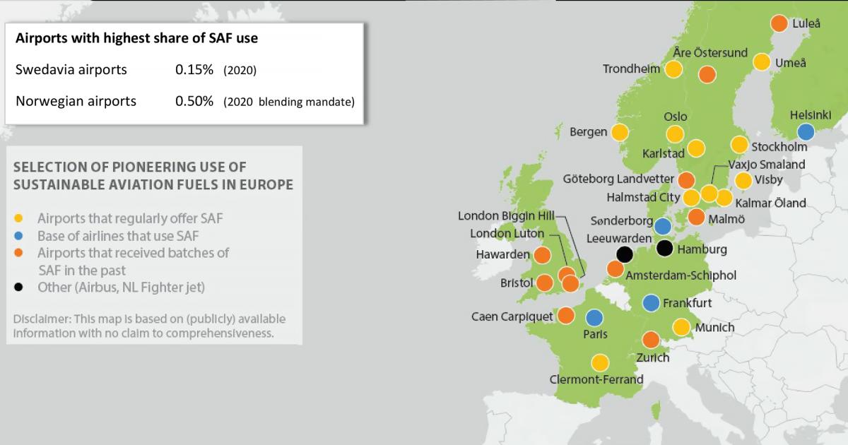 A Eurocontrol "snapshot" shows that 12 airports in Europe regularly offer SAF to airlines. (Image: Eurocontrol)
