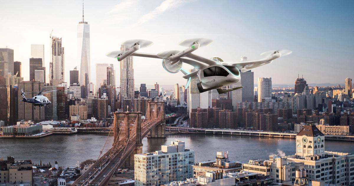 Directional Aviation's Halo division plans to use Embraer Eve eVTOLs for its urban air mobility service in the New York City and London areas. Deliveries of a planned order for 200 of the aircraft are expected to start in 2026. (Photo: Halo/Directional Aviation)
