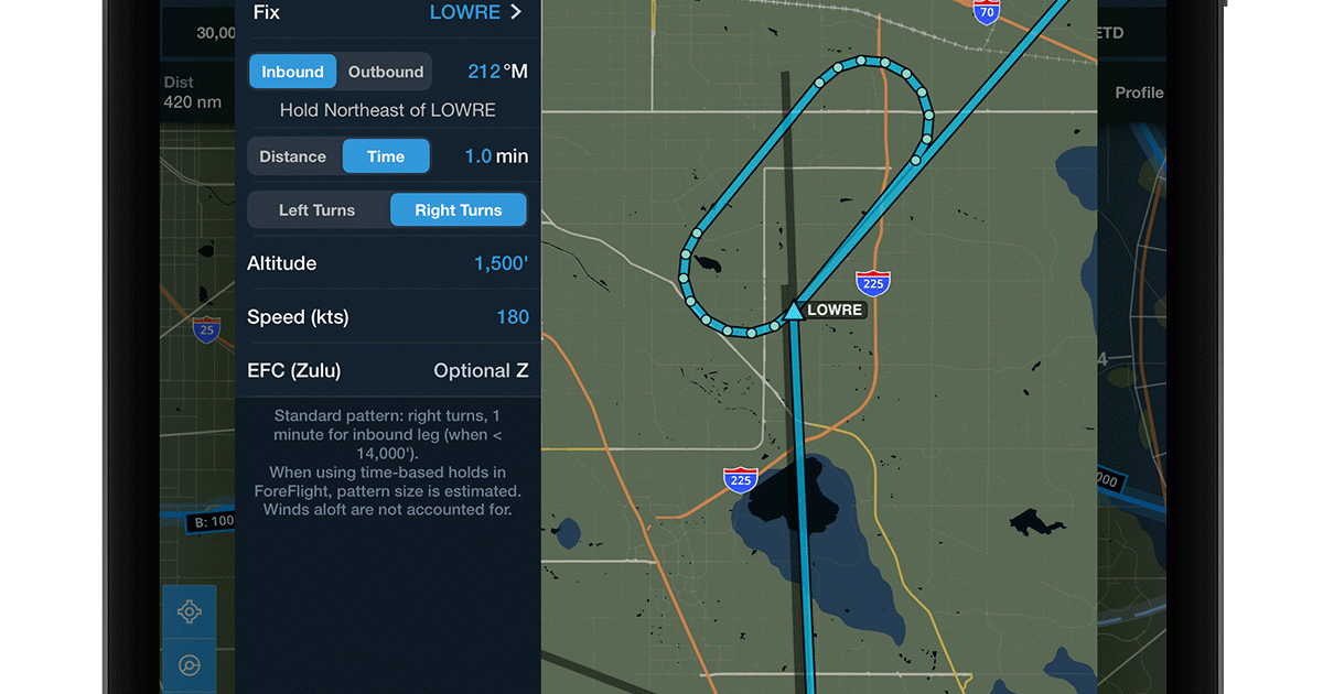 ForeFlight's new Hold Advisor makes setting up a hold at any waypoint easy and includes a depiction of the entry procedure. (Image: ForeFlight)