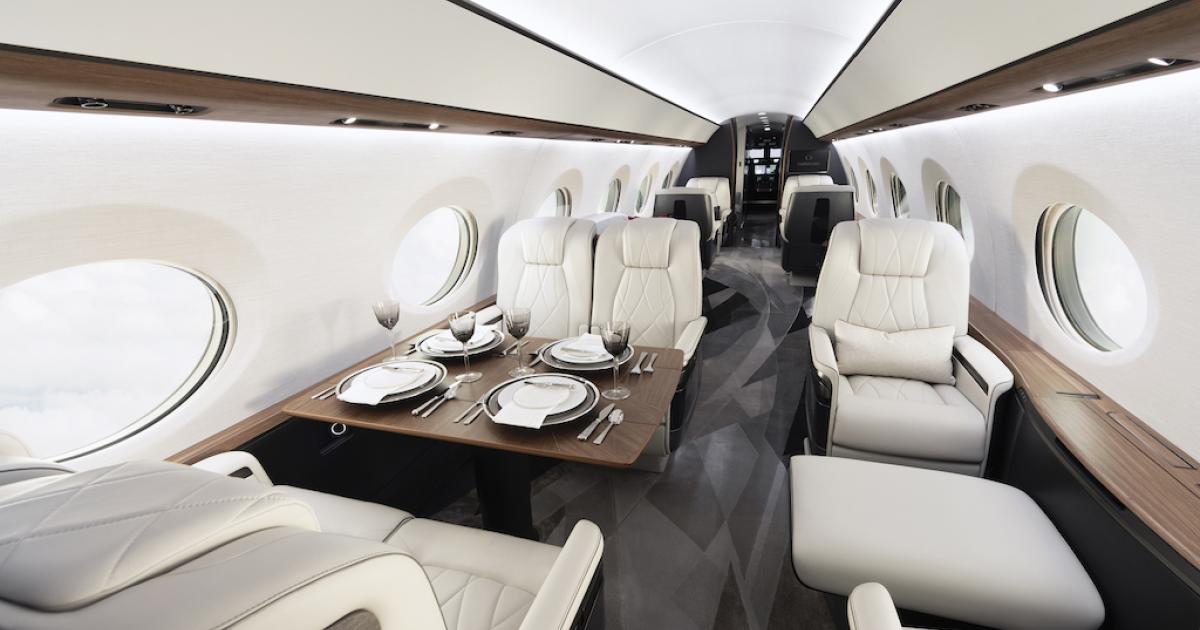 Gulfstream's G700 will have the lowest cabin altitude in the industry, below 3,000 feet, according to the Savannah, Georgia manufacturer. The company currently is testing some 15,500 points on the G700 interior with a fully outfitted production aircraft that took to the skies in April. (Photo: Gulfstream Aerospace)