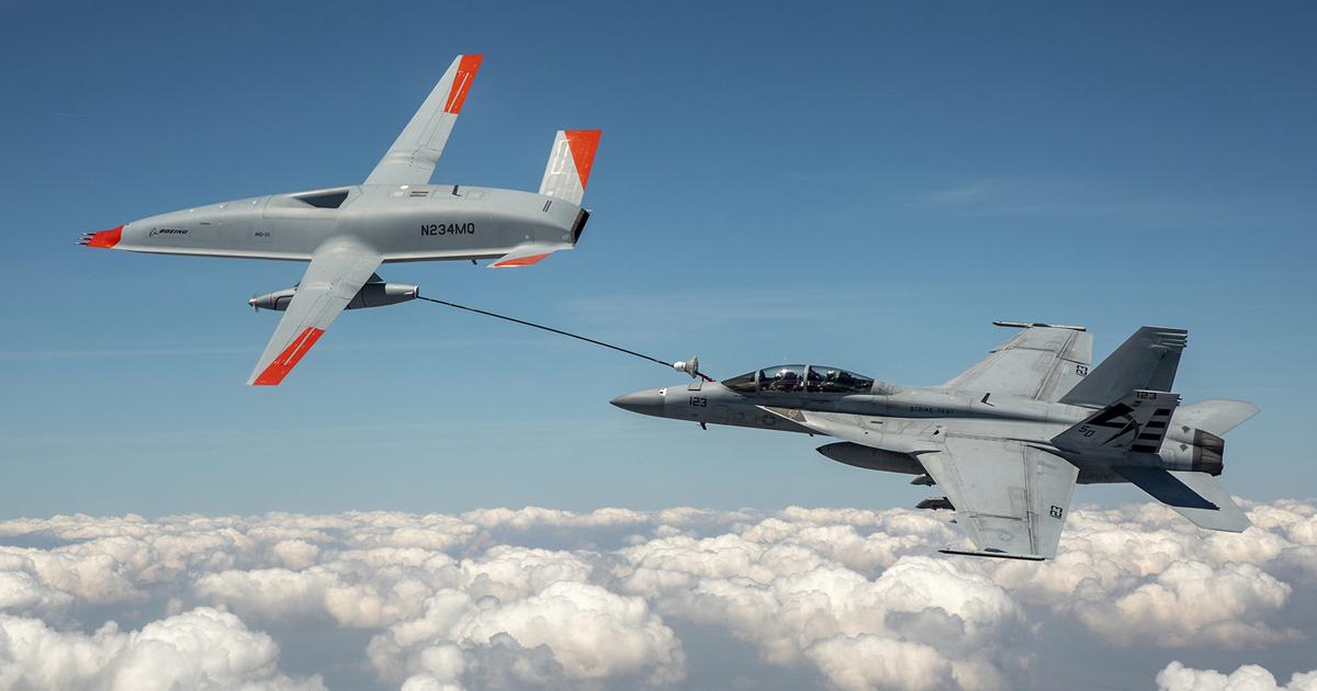 A U.S. Navy Super Hornet successfully takes on fuel from Boeing’s MQ-25 T1 test article, representing a major achievement on the path to fielding an operational unmanned tanker. (Photo: Boeing)