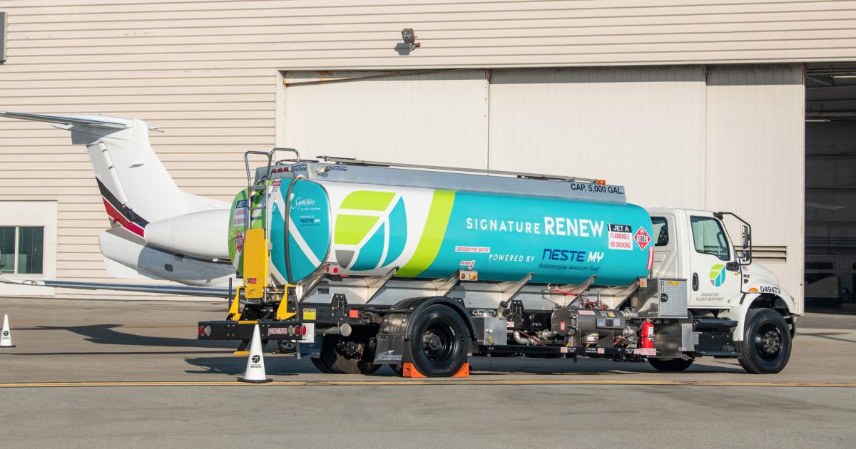 With the addition of permanent supplies of SAF at its FBOs at Austin-Bergstrom International Airport, Houston-Hobby Airports, and Norman Y. Mineta San Jose International Airport in California, Signature Flight Support is now pumping the renewable fuel blend at nine airports in the U.S. and UK. (Photo: Signature Aviation)