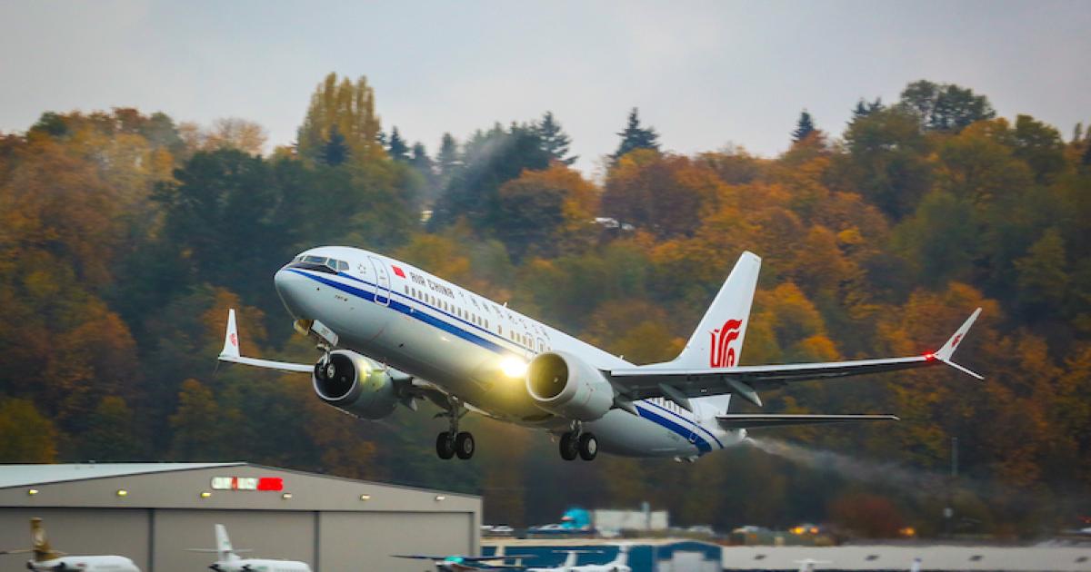 The first Air China Boeing 737 Max 8 takes off from Boeing's Seattle delivery center in November 2017. (Photo: Boeing)