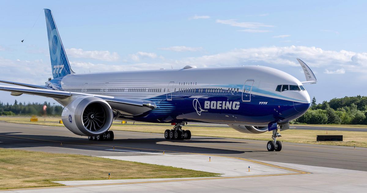 Boeing says its projection for completing certification of its new 777X widebody remains set for late 2023. (Photo: Boeing)