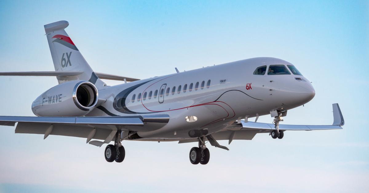 Dassault's third flight-test Falcon 6X took to the skies on June 24. The twinjet has a full interior and will be used to test in-flight entertainment and communications systems, as well as evaluate environmental features and temperature control and validate cabin acoustics systems. (Photo: Dassault Aviation)