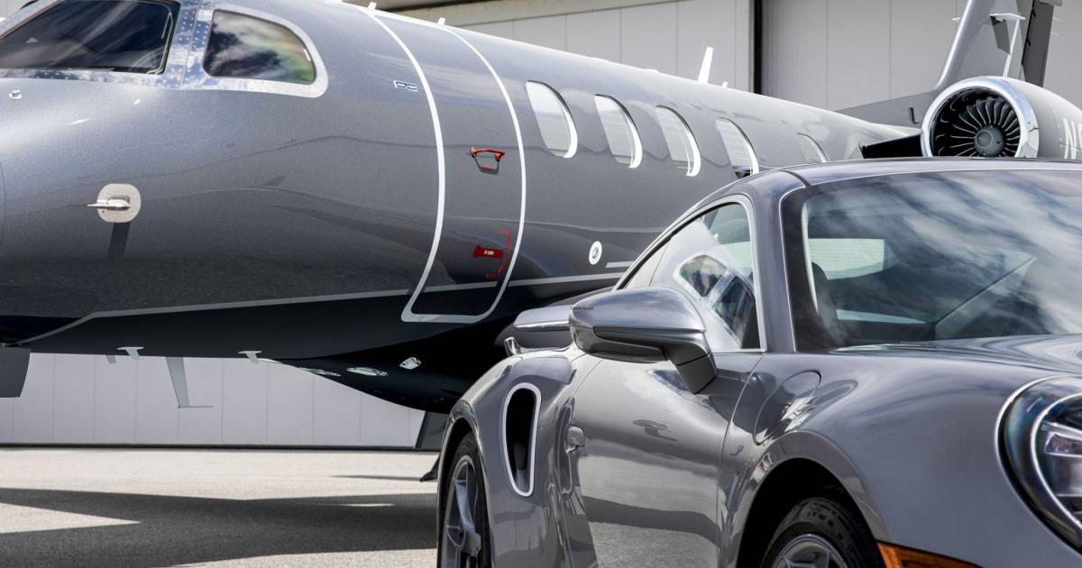 Embraer and Porsche collaborated on a similar design style of the Phenom 300E and Porsche 911 Turbo S limited-edition Duet pairing. (Photo: Embraer)