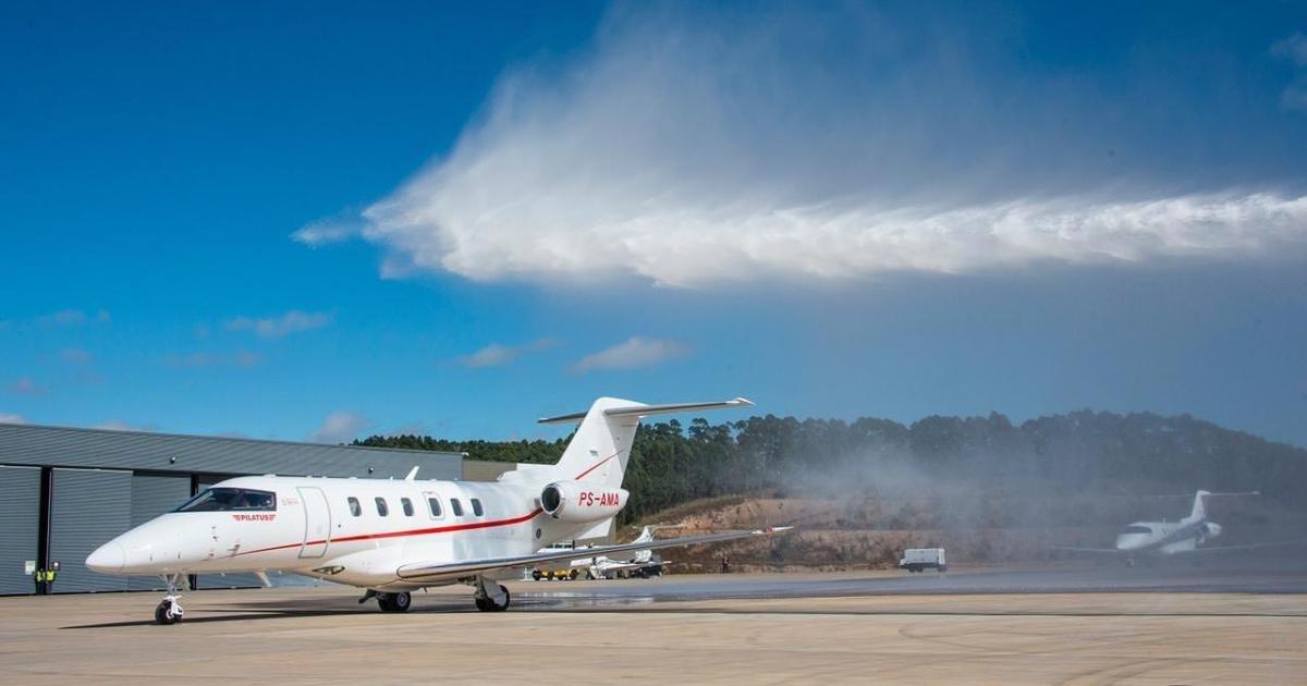 Brazilian fractional provider Amaro Aviation has taken delivery of its first Pilatus PC-24 at São Paulo Catarina International Airport, where it was greeted with a water salute. It will be joined by a PC-12 turboprop single in November. (Photo: Amaro Aviation)