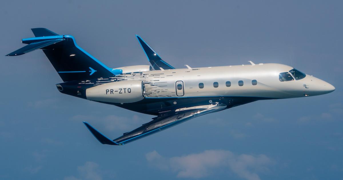 Operations are up over 2020 through all aircraft categories led by midsize jets at 34 percent followed by light jets at 32.2 percent, according to Argus TraqPak data. (Photo: Embraer)