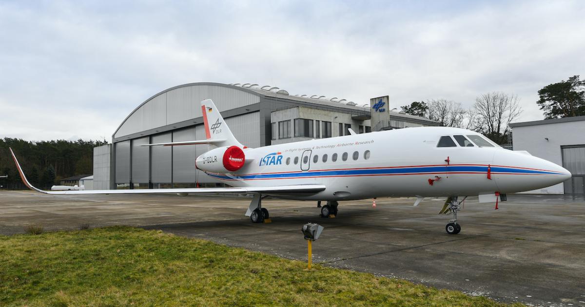 German aerospace research center DLR's Falcon 2000LX EASy research aircraft is used for the development of new, environmentally friendly and efficient aircraft, engines, and other systems. (Photo: Aero-Dienst)