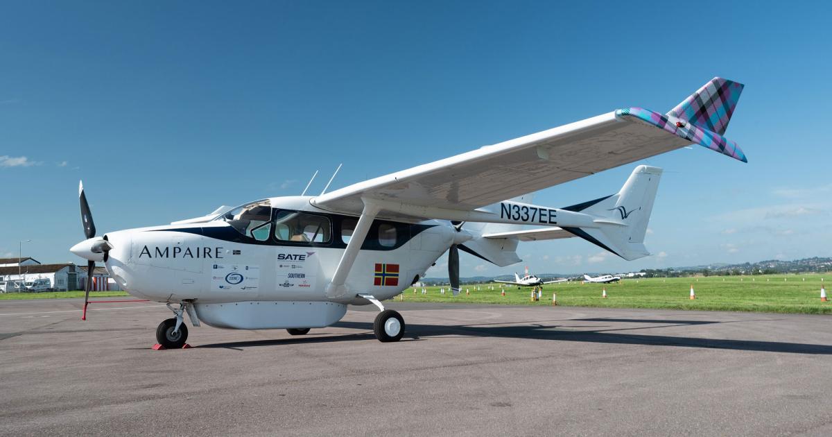 Ampaire is flying trials with its hybrid-electric EEL testbed between the UK’s Exeter and Cornwall airports, which are 85 miles apart, using a combination of battery and piston power. It will be collecting in-flight data to monitor fuel savings, efficiency, and noise. (Photo: Ampaire)