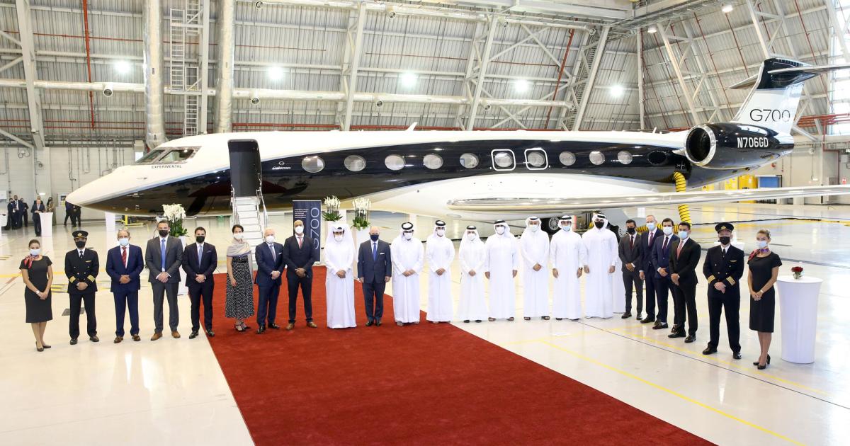 The first production Gulfstream G700, registered as N706GD, stopped at Doha International Airport on August 28 and 29 to visit Qatar Executive, the launch customer for the 7,500-nm twinjet. Qatar Executive has placed an order for 10 of the ultra-long-range airplanes. (Photo: Qatar Executive)