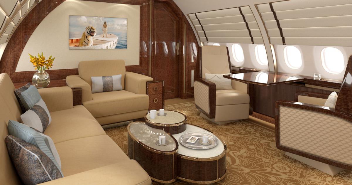 Comlux created a relaxing spacious room in this rendering of an ACJ320neo interior. The company has already delivered two ACJ320neo interiors, one last fall and another this spring. A third will be delivered this fall, and a fourth is in the completion process.
