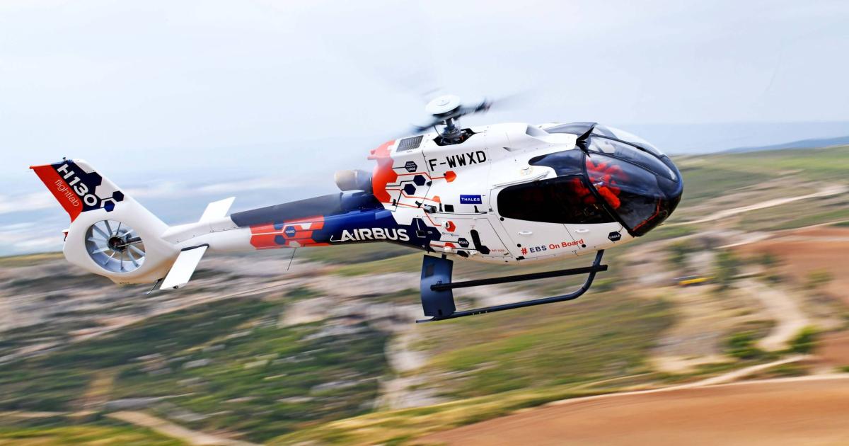 Airbus is testing a hybris-propulsion system on it's H130 Flightlab helicopter. Its engine backup system (EBS) uses a 100-Kw motor to provide electric power for up to 30 seconds in the event of main turbine engine failure. (Photo: Airbus Helicopters)
