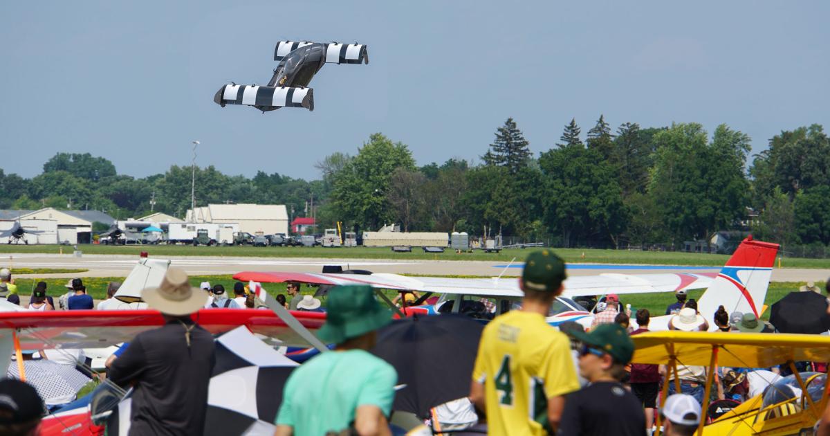 Opener’s single-seat piloted BlackFly eVTOL aircraft made its first public flying debut during the afternoon flight demonstrations at this year’s EAA AirVenture Oshkosh show, which resumed in-person attendance in 2021.